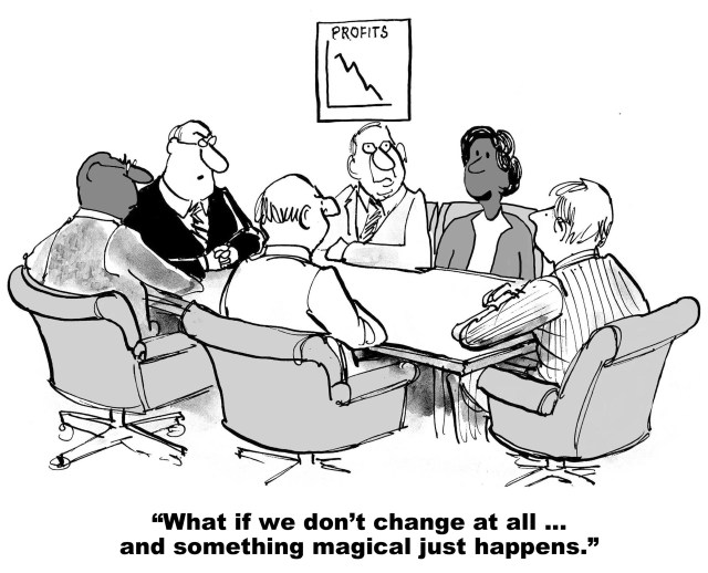 Cartoon of business people who want to avoid change.
